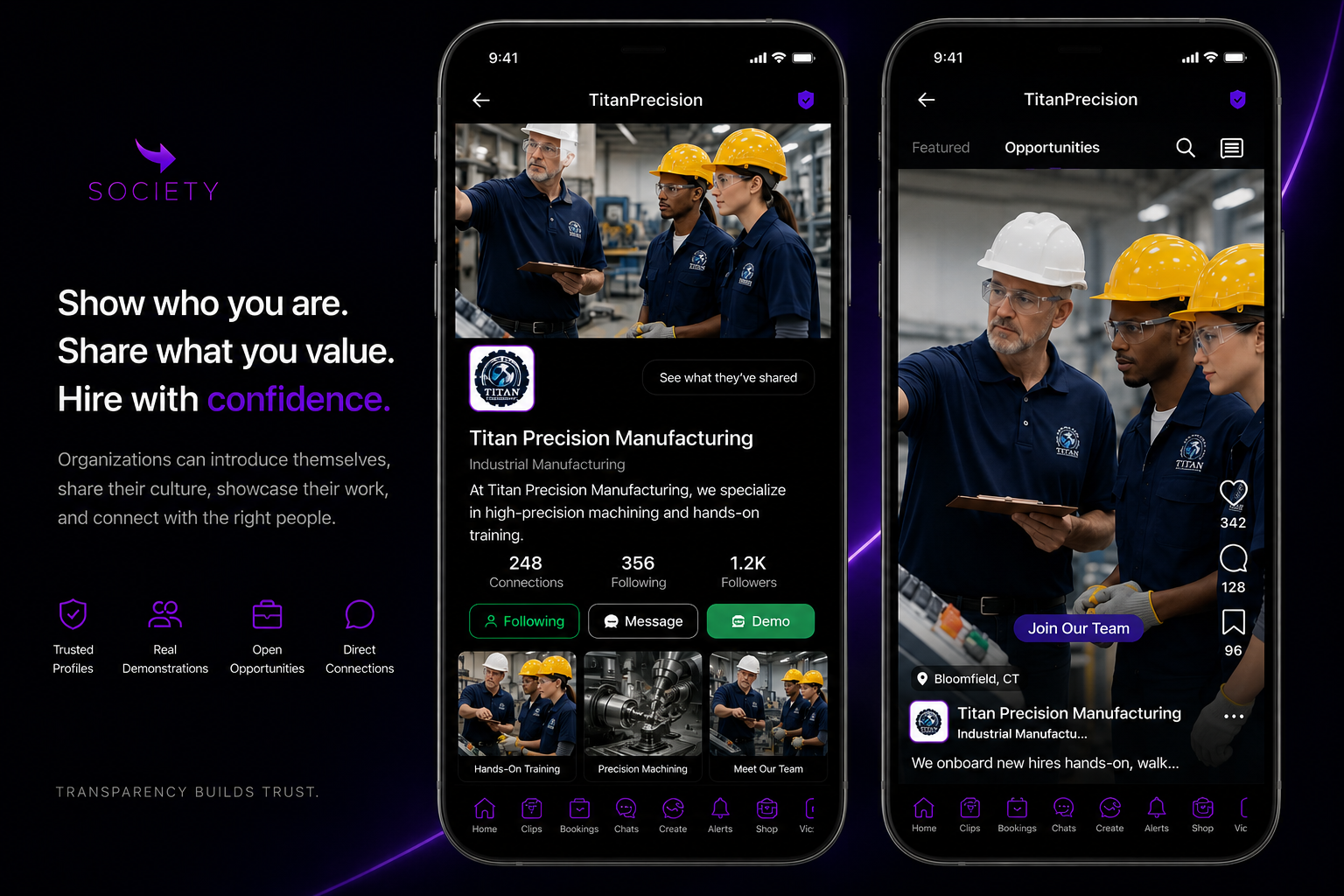 A manufacturing organization's Society profile shown on mobile, showcasing their team, culture, and open opportunities