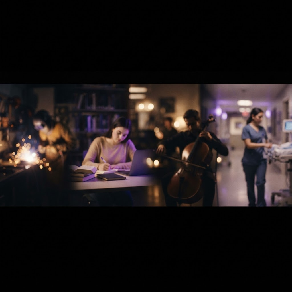 A cinematic montage of people at work and in creation